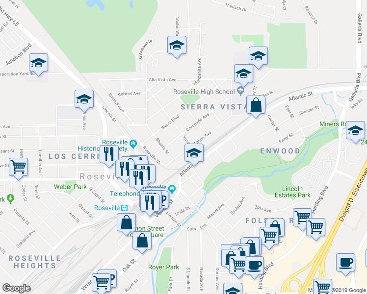map of restaurants, bars, coffee shops, grocery stores, and more near 229 Tahoe Avenue in Roseville