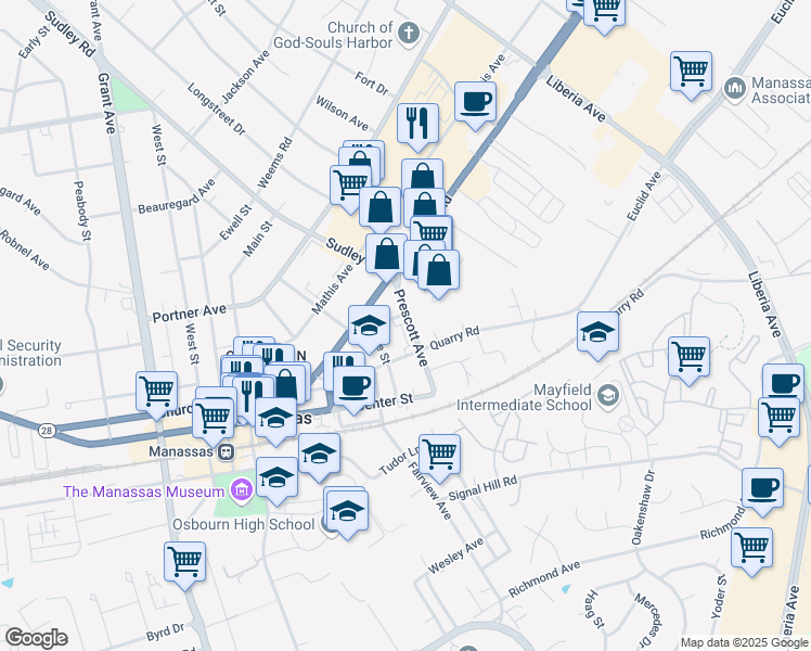 map of restaurants, bars, coffee shops, grocery stores, and more near 9220 Prescott Avenue in Manassas