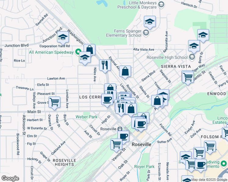 map of restaurants, bars, coffee shops, grocery stores, and more near 200 Pleasant Street in Roseville