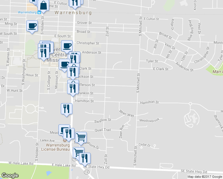 map of restaurants, bars, coffee shops, grocery stores, and more near 504 Jefferson Street in Warrensburg