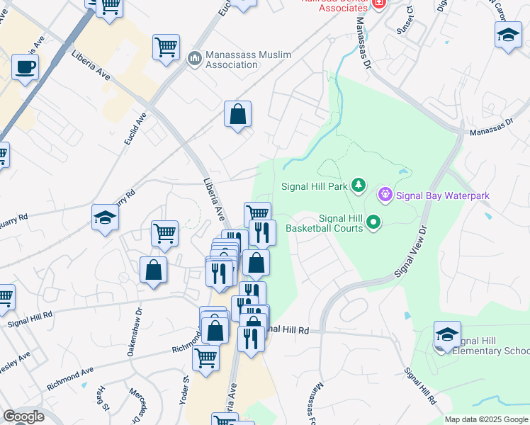 map of restaurants, bars, coffee shops, grocery stores, and more near 9290 Kos Lane in Manassas
