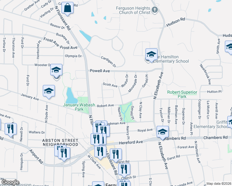 map of restaurants, bars, coffee shops, grocery stores, and more near 10 Shireford Lane in Ferguson