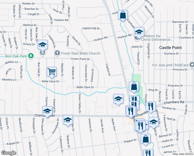 map of restaurants, bars, coffee shops, grocery stores, and more near 10129 Crown Point Drive in St. Louis