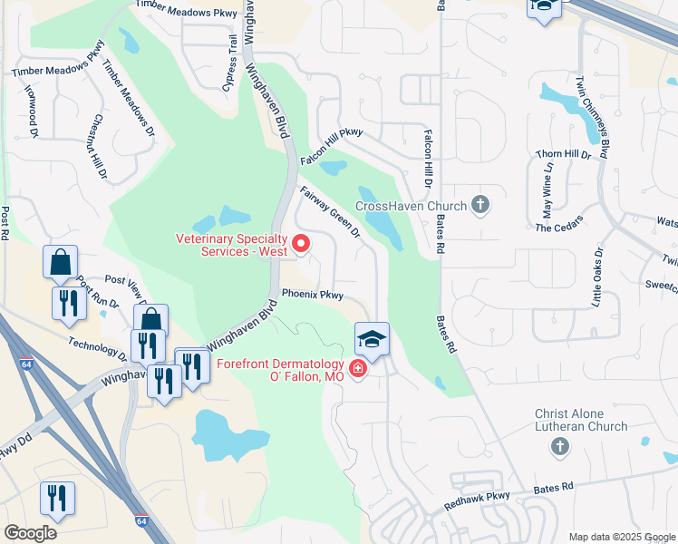 map of restaurants, bars, coffee shops, grocery stores, and more near 167 Bayhill Village Drive in O'Fallon