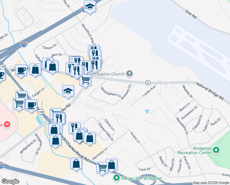 map of restaurants, bars, coffee shops, grocery stores, and more near 12135 Nottingham Lane in Bridgeton