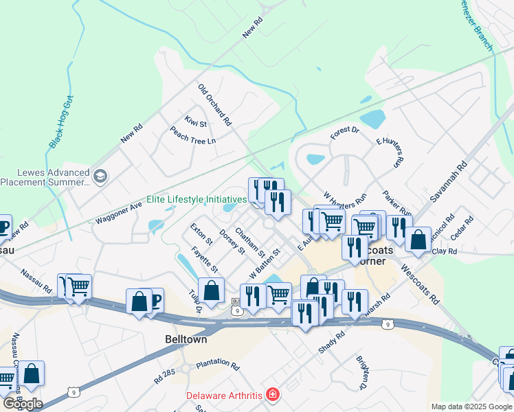 map of restaurants, bars, coffee shops, grocery stores, and more near 17400 North Village Main Boulevard in Lewes