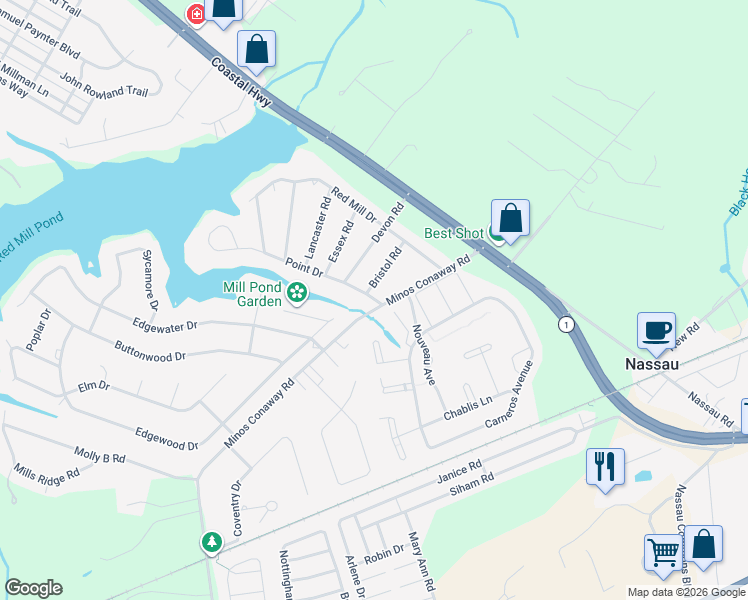 map of restaurants, bars, coffee shops, grocery stores, and more near 31498 Point Road in Lewes