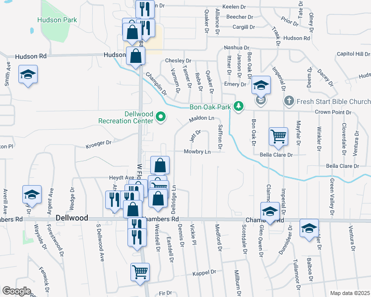 map of restaurants, bars, coffee shops, grocery stores, and more near 1628 Mowbry Lane in St. Louis