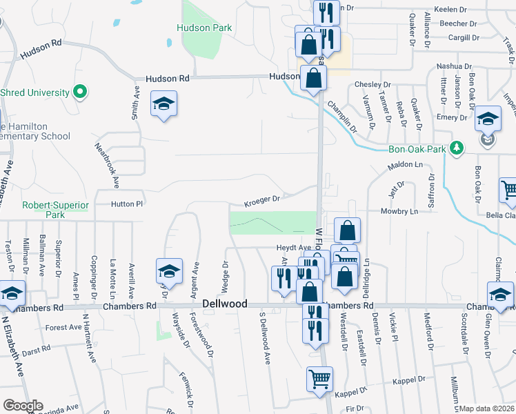 map of restaurants, bars, coffee shops, grocery stores, and more near 1336 Kroeger Drive in St. Louis