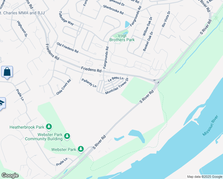 map of restaurants, bars, coffee shops, grocery stores, and more near 304 Montclair Tower Drive in Saint Charles