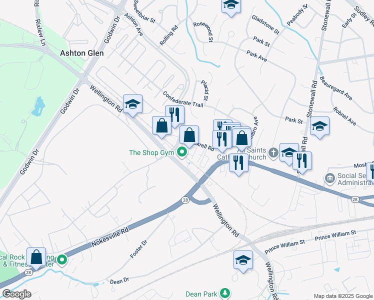 map of restaurants, bars, coffee shops, grocery stores, and more near 9275 Thornwood Lane in Manassas