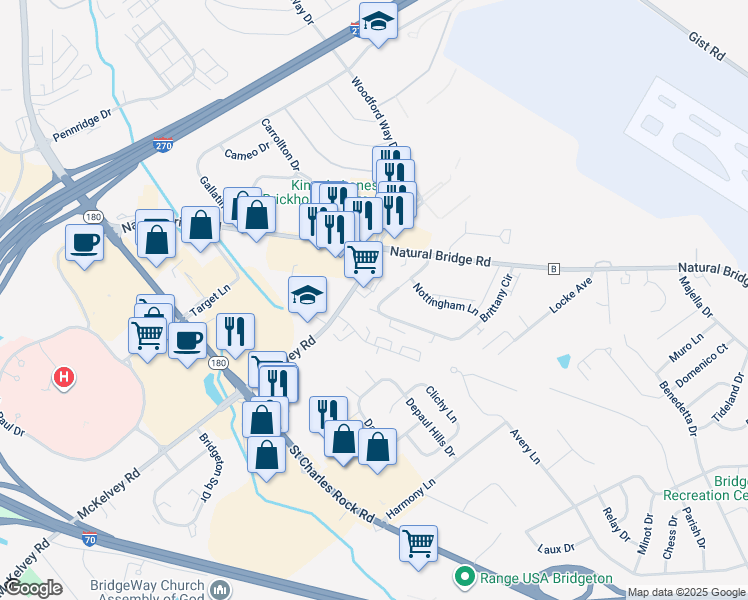 map of restaurants, bars, coffee shops, grocery stores, and more near 3895 Brittany Circle in Bridgeton
