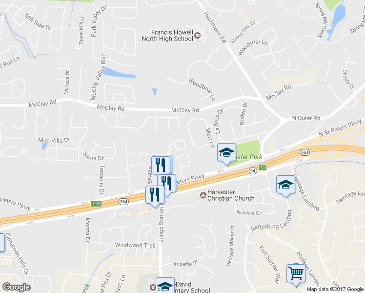 map of restaurants, bars, coffee shops, grocery stores, and more near 3004 Northwoods Lane in St. Peters