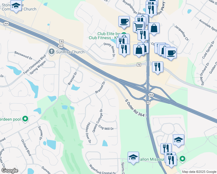 map of restaurants, bars, coffee shops, grocery stores, and more near 129 Wild Pigeon Court in O'Fallon