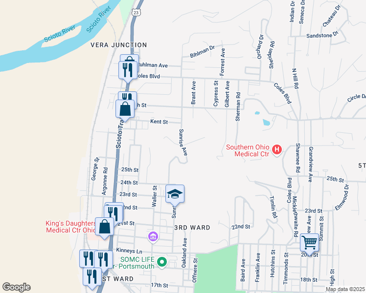 map of restaurants, bars, coffee shops, grocery stores, and more near 2608 Sunrise Avenue in Portsmouth