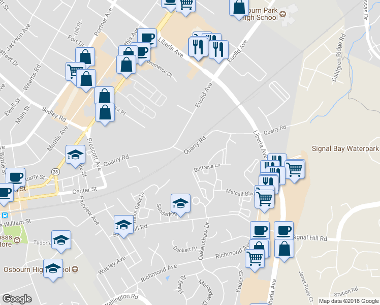 map of restaurants, bars, coffee shops, grocery stores, and more near 8523 Quarry Road in Manassas
