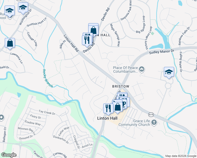 map of restaurants, bars, coffee shops, grocery stores, and more near 9335 Devlins Grove Place in Bristow