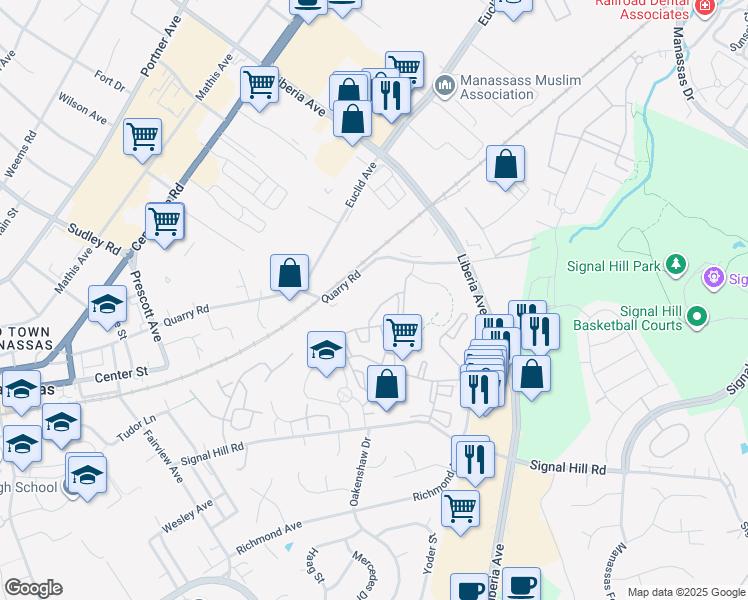 map of restaurants, bars, coffee shops, grocery stores, and more near 9560 Cannoneer Court in Manassas