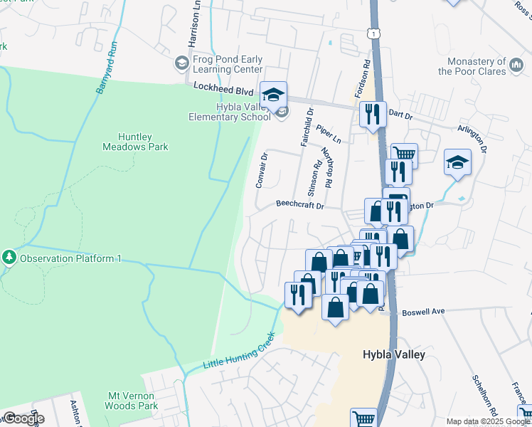map of restaurants, bars, coffee shops, grocery stores, and more near 3419 Beechcraft Drive in Alexandria