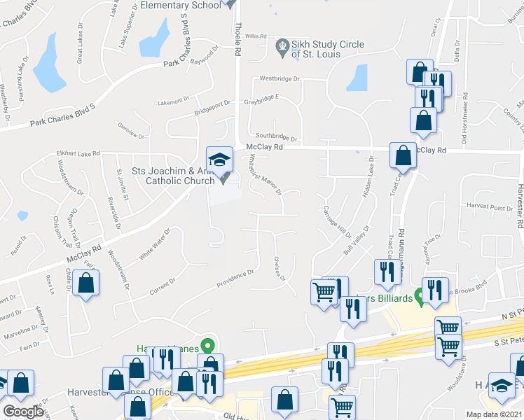 map of restaurants, bars, coffee shops, grocery stores, and more near 118 South Hampton Drive in Saint Charles
