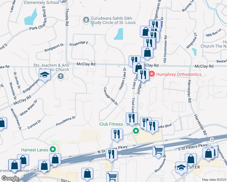 map of restaurants, bars, coffee shops, grocery stores, and more near 313 Atrium Ridge Court in St. Peters