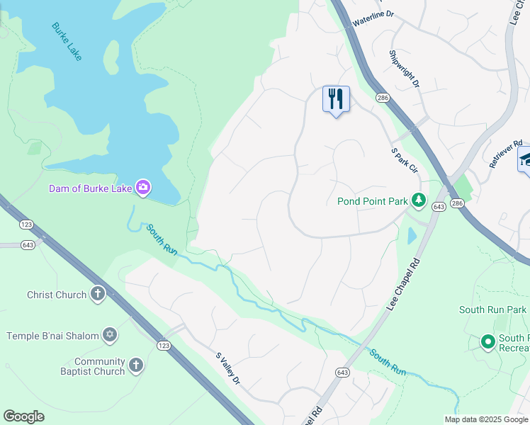 map of restaurants, bars, coffee shops, grocery stores, and more near 7411 South Reach Drive in Fairfax Station