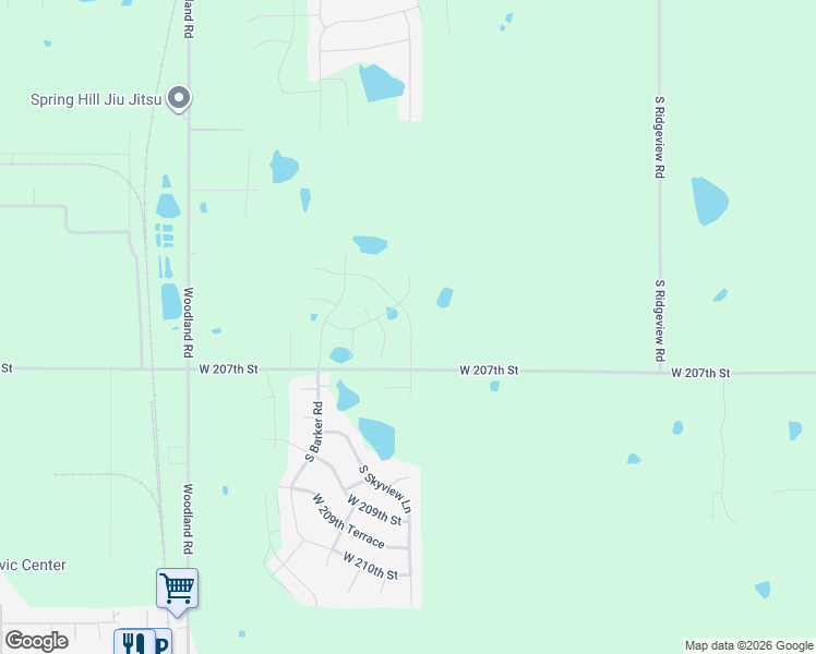 map of restaurants, bars, coffee shops, grocery stores, and more near 19220 West 207th Terrace in Spring Hill