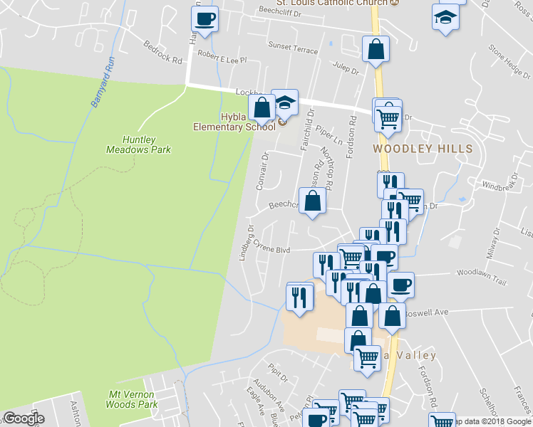map of restaurants, bars, coffee shops, grocery stores, and more near 3419 Beechcraft Drive in Alexandria