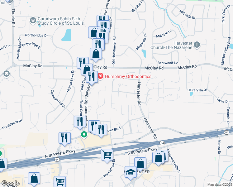 map of restaurants, bars, coffee shops, grocery stores, and more near 31 Harvest Rust Court in St. Peters
