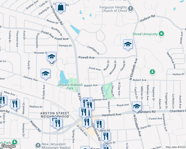 map of restaurants, bars, coffee shops, grocery stores, and more near 10 Shireford Lane in Ferguson
