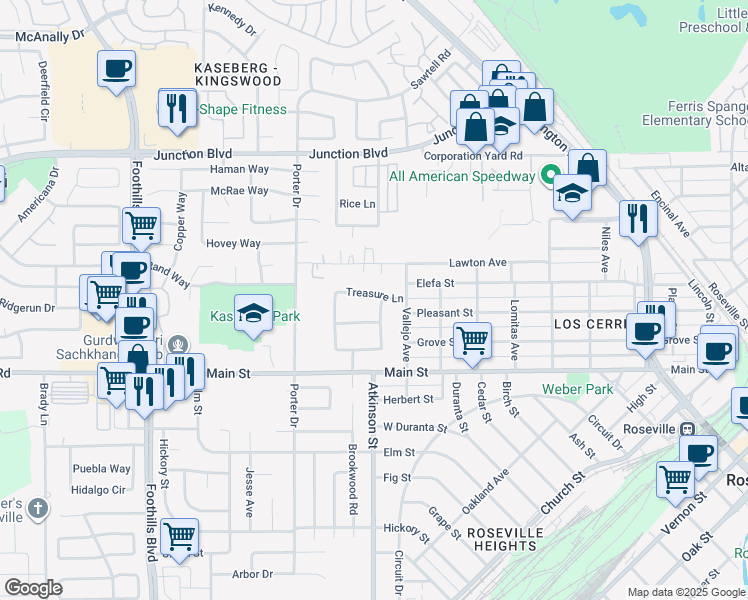 map of restaurants, bars, coffee shops, grocery stores, and more near 893 Athan Avenue in Roseville