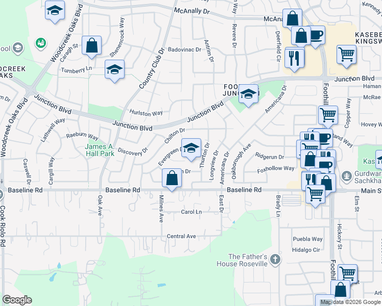 map of restaurants, bars, coffee shops, grocery stores, and more near 213 Red Leaf Court in Roseville