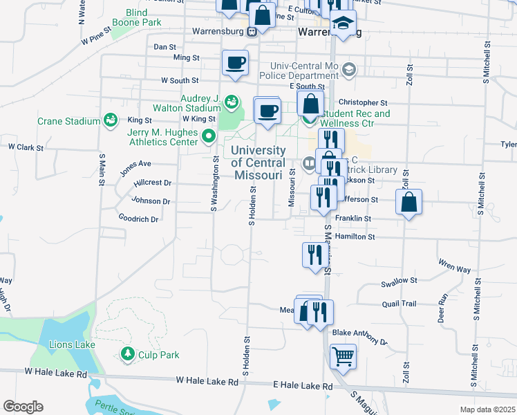 map of restaurants, bars, coffee shops, grocery stores, and more near 800 South Holden Street in Warrensburg