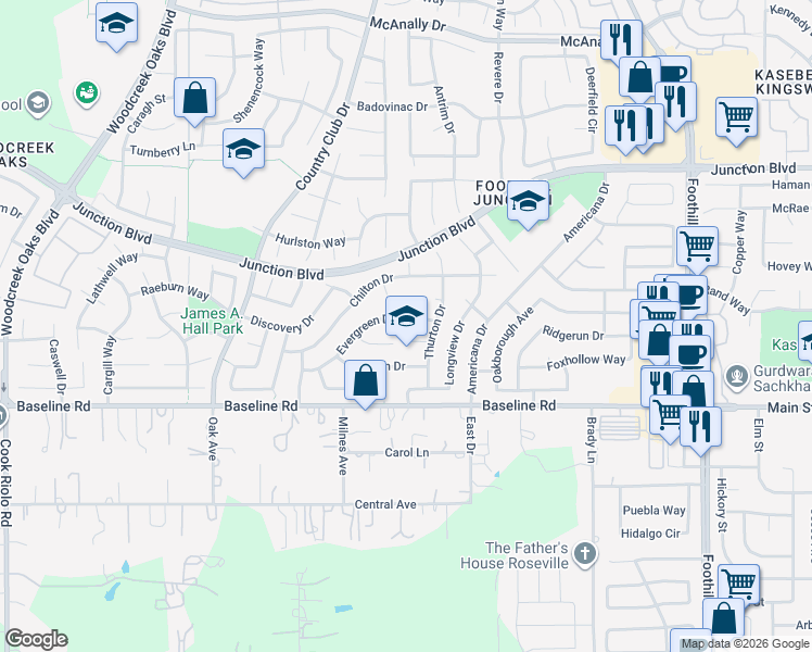 map of restaurants, bars, coffee shops, grocery stores, and more near 213 Red Leaf Court in Roseville