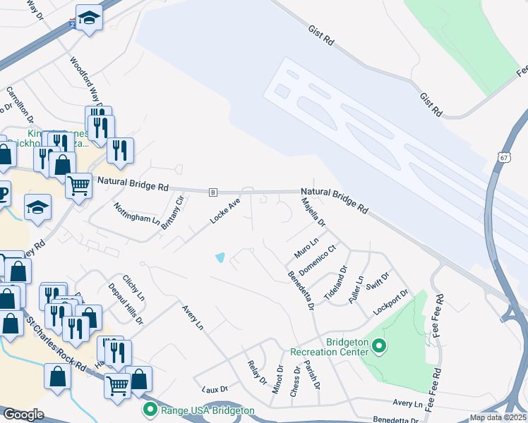 map of restaurants, bars, coffee shops, grocery stores, and more near 11972 Natural Bridge Road in Bridgeton