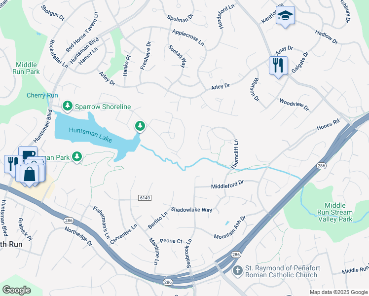 map of restaurants, bars, coffee shops, grocery stores, and more near 7419 Golden Horseshoe Court in Springfield
