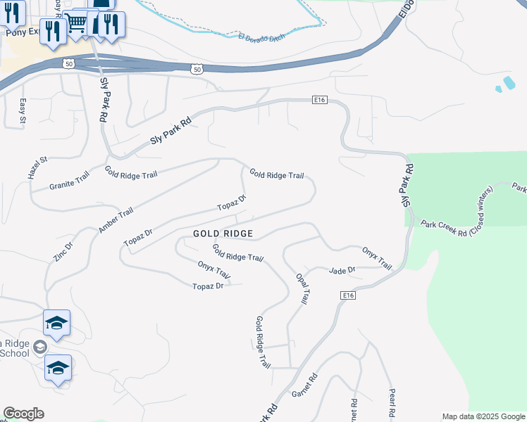 map of restaurants, bars, coffee shops, grocery stores, and more near 3520 Gold Ridge Trail in Pollock Pines