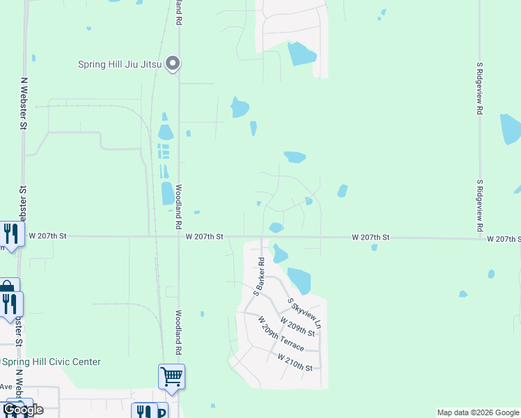 map of restaurants, bars, coffee shops, grocery stores, and more near 20701 South Barker Road in Spring Hill