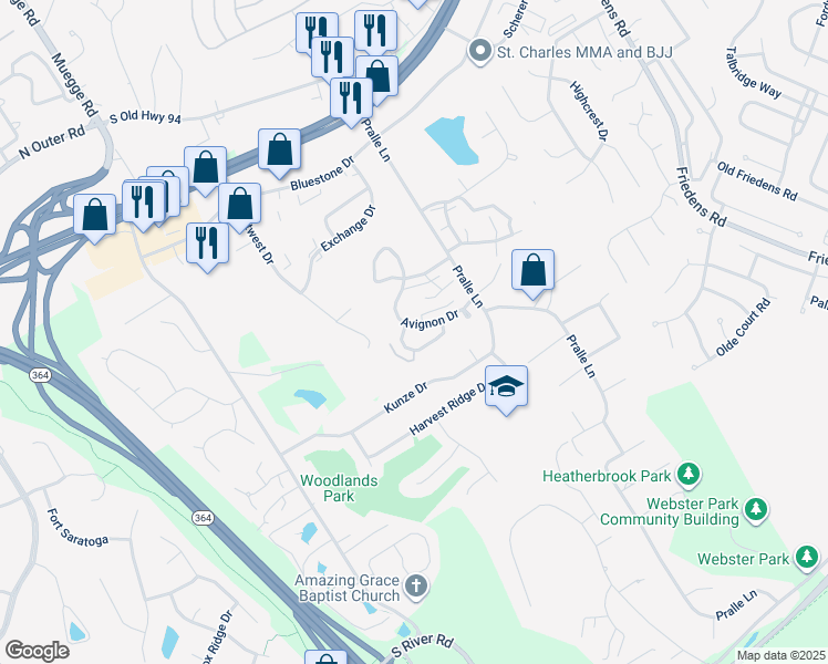 map of restaurants, bars, coffee shops, grocery stores, and more near 2052 Avignon Drive in Saint Charles