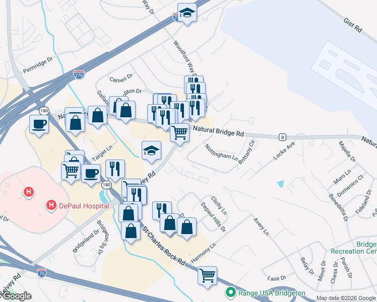 map of restaurants, bars, coffee shops, grocery stores, and more near 3888 Brittany Circle in Bridgeton