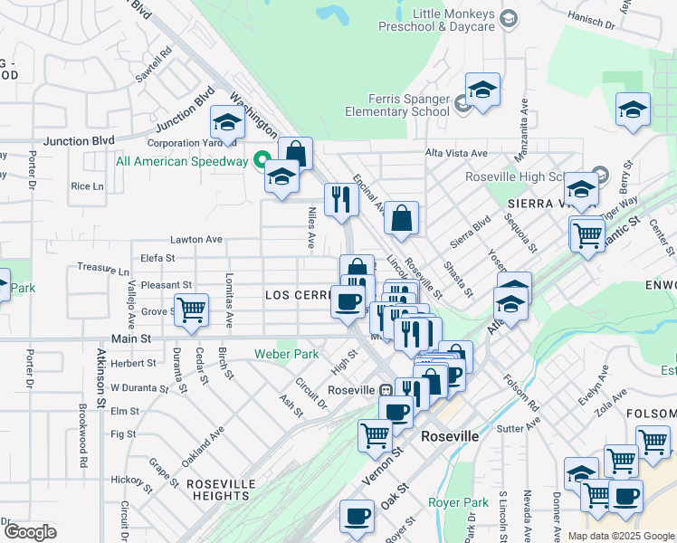 map of restaurants, bars, coffee shops, grocery stores, and more near 309 Hill Avenue in Roseville