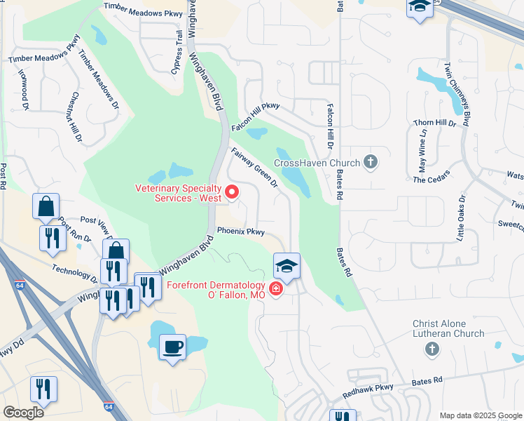 map of restaurants, bars, coffee shops, grocery stores, and more near 165 Bayhill Village Drive in O'Fallon