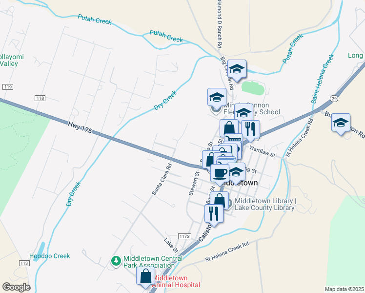 map of restaurants, bars, coffee shops, grocery stores, and more near 21050 Santa Clara Road in Middletown