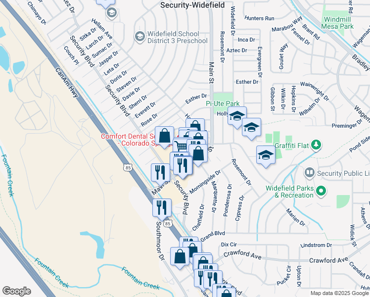 map of restaurants, bars, coffee shops, grocery stores, and more near 358 Main Street in Colorado Springs