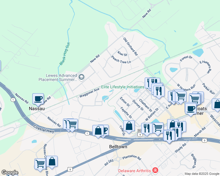map of restaurants, bars, coffee shops, grocery stores, and more near 33040 West Falling Creek Street in Lewes