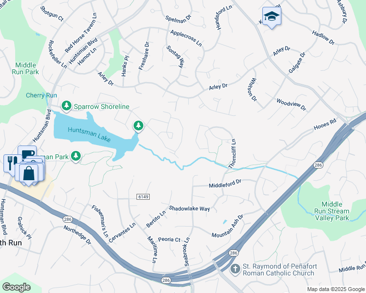 map of restaurants, bars, coffee shops, grocery stores, and more near 7417 Golden Horseshoe Court in Springfield