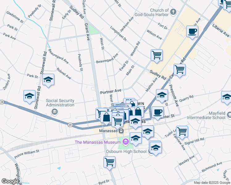 map of restaurants, bars, coffee shops, grocery stores, and more near 9300 Battle Street in Manassas