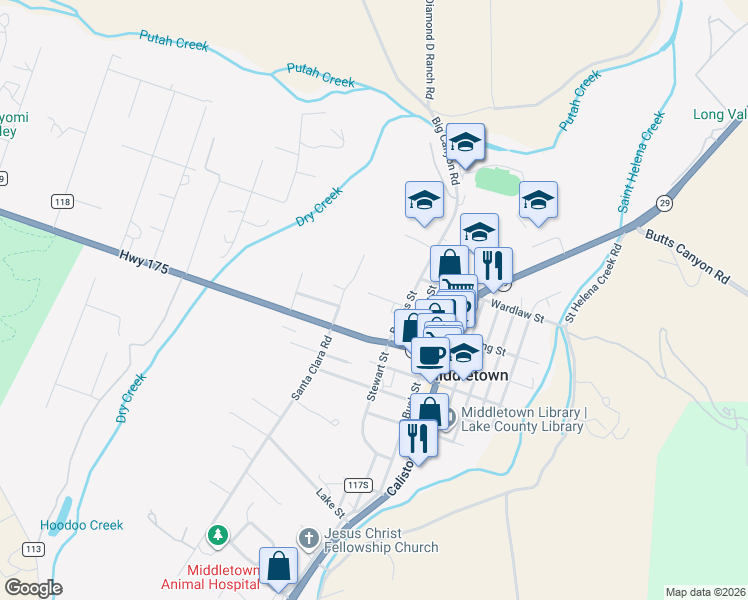 map of restaurants, bars, coffee shops, grocery stores, and more near 21050 Santa Clara Road in Middletown