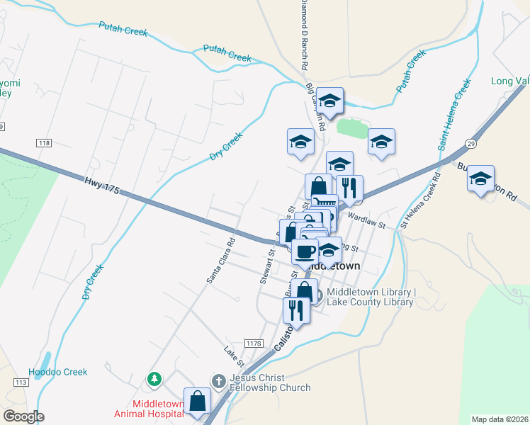 map of restaurants, bars, coffee shops, grocery stores, and more near 21060 Santa Clara Road in Middletown