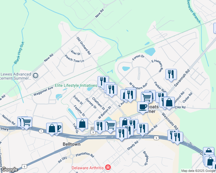 map of restaurants, bars, coffee shops, grocery stores, and more near 17400 North Village Main Boulevard in Lewes